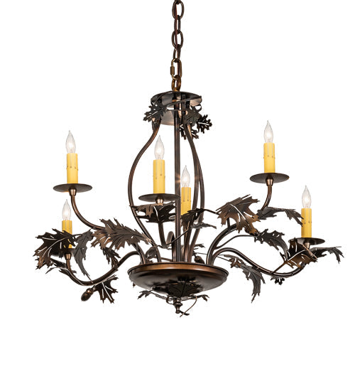 Meyda Lighting Oak Leaf & Acorn 28" 6-Light Dark Burnished Antique Copper Chandelier With Ivory Faux Candlelight