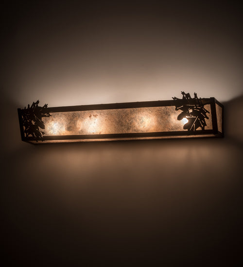 Meyda Lighting Oak Leaf & Acorn 29" 4-Light Antique Copper Vanity Light With Silver Mica Shade Glass