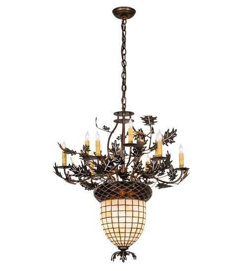 Meyda Lighting Oak Leaf & Acorn 34" 11-Light Dark Burnished Antique Copper Chandelier With Bark Brown & Beige Shade Glass