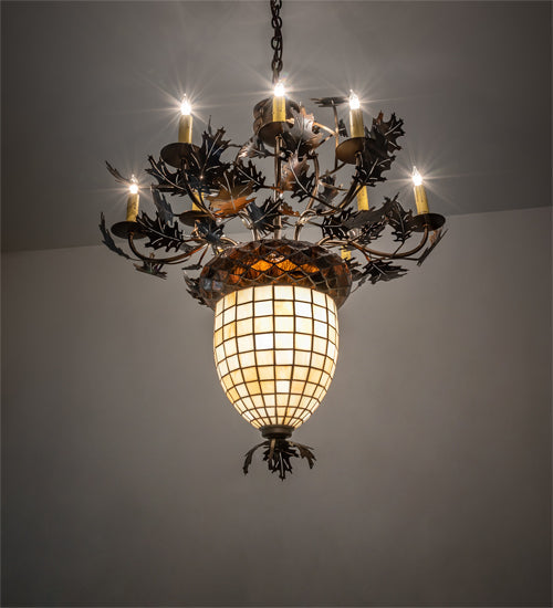 Meyda Lighting Oak Leaf & Acorn 34" 11-Light Dark Burnished Antique Copper Chandelier With Bark Brown & Beige Shade Glass