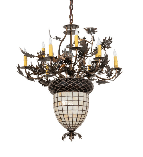 Meyda Lighting Oak Leaf & Acorn 34" 11-Light Dark Burnished Antique Copper Chandelier With Bark Brown & Beige Shade Glass