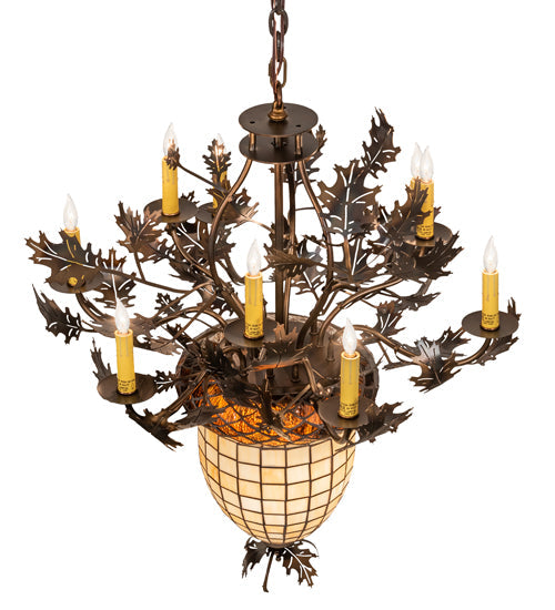Meyda Lighting Oak Leaf & Acorn 34" 11-Light Dark Burnished Antique Copper Chandelier With Bark Brown & Beige Shade Glass