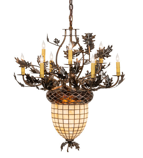 Meyda Lighting Oak Leaf & Acorn 34" 11-Light Dark Burnished Antique Copper Chandelier With Bark Brown & Beige Shade Glass