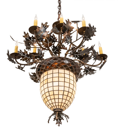 Meyda Lighting Oak Leaf & Acorn 34" 11-Light Dark Burnished Antique Copper Chandelier With Bark Brown & Beige Shade Glass