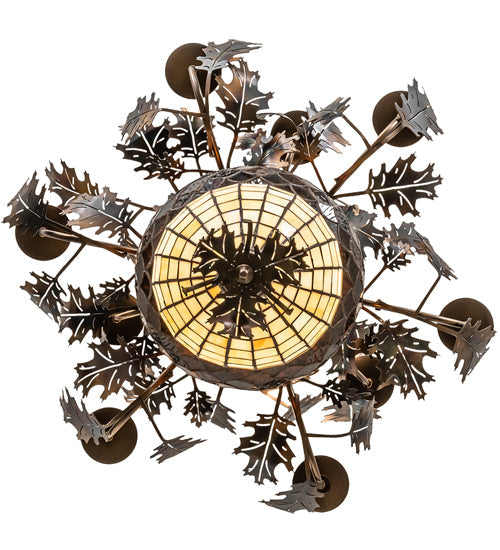 Meyda Lighting Oak Leaf & Acorn 34" 11-Light Dark Burnished Antique Copper Chandelier With Bark Brown & Beige Shade Glass