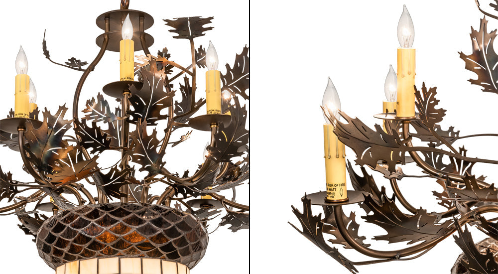 Meyda Lighting Oak Leaf & Acorn 34" 11-Light Dark Burnished Antique Copper Chandelier With Bark Brown & Beige Shade Glass