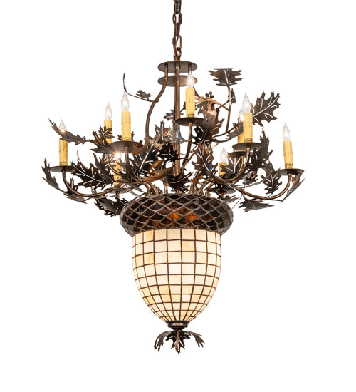 Meyda Lighting Oak Leaf & Acorn 34" 11-Light Dark Burnished Antique Copper Chandelier With Bark Brown & Beige Shade Glass