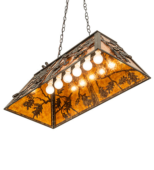 Meyda Lighting Oak Leaf & Acorn 36" 6-Light Antique Copper Island Pendant Light With Amber Mica Shade Glass