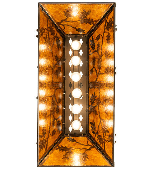 Meyda Lighting Oak Leaf & Acorn 36" 6-Light Antique Copper Island Pendant Light With Amber Mica Shade Glass