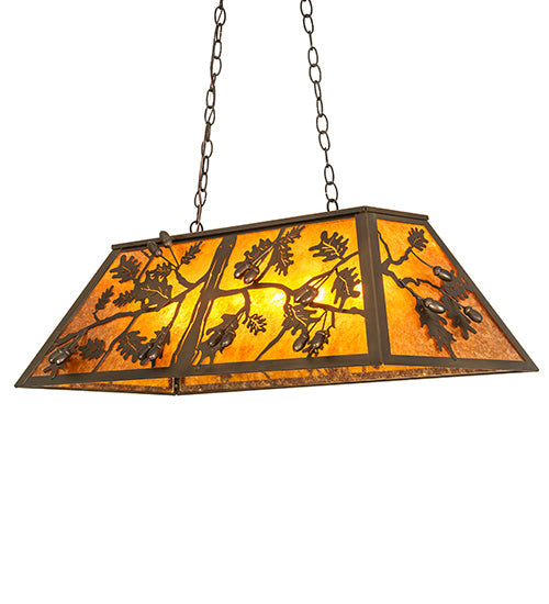 Meyda Lighting Oak Leaf & Acorn 36" 6-Light Antique Copper Island Pendant Light With Amber Mica Shade Glass