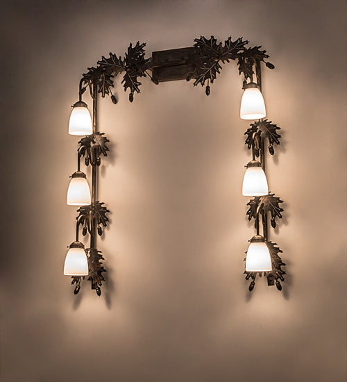 Meyda Lighting Oak Leaf & Acorn 36"W x 42"H 6-Light Dark Burnished Antique Copper Vanity Light With White Opal Shade Glass