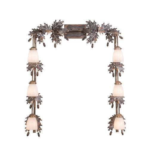 Meyda Lighting Oak Leaf & Acorn 36"W x 42"H 6-Light Dark Burnished Antique Copper Vanity Light With White Opal Shade Glass