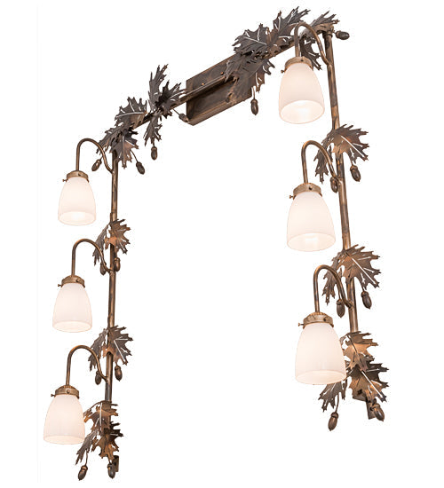 Meyda Lighting Oak Leaf & Acorn 36"W x 42"H 6-Light Dark Burnished Antique Copper Vanity Light With White Opal Shade Glass