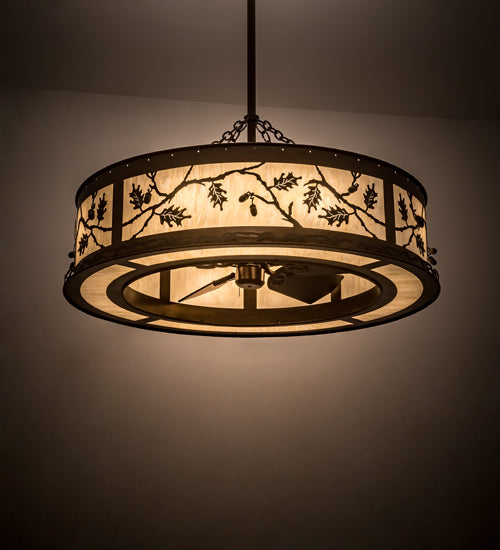 Meyda Lighting Oak Leaf & Acorn 45" 12-Light Antique Copper Chandelier With Creme Carrara Idalight Shade and Fan