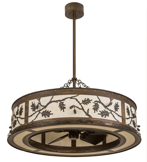 Meyda Lighting Oak Leaf & Acorn 45" 12-Light Antique Copper Chandelier With Creme Carrara Idalight Shade and Fan