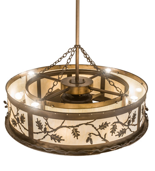 Meyda Lighting Oak Leaf & Acorn 45" 12-Light Antique Copper Chandelier With Creme Carrara Idalight Shade and Fan