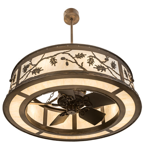 Meyda Lighting Oak Leaf & Acorn 45" 12-Light Antique Copper Chandelier With Creme Carrara Idalight Shade and Fan