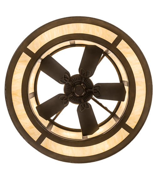 Meyda Lighting Oak Leaf & Acorn 45" 12-Light Antique Copper Chandelier With Creme Carrara Idalight Shade and Fan