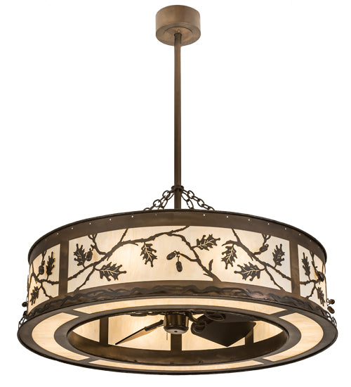 Meyda Lighting Oak Leaf & Acorn 45" 12-Light Antique Copper Chandelier With Creme Carrara Idalight Shade and Fan