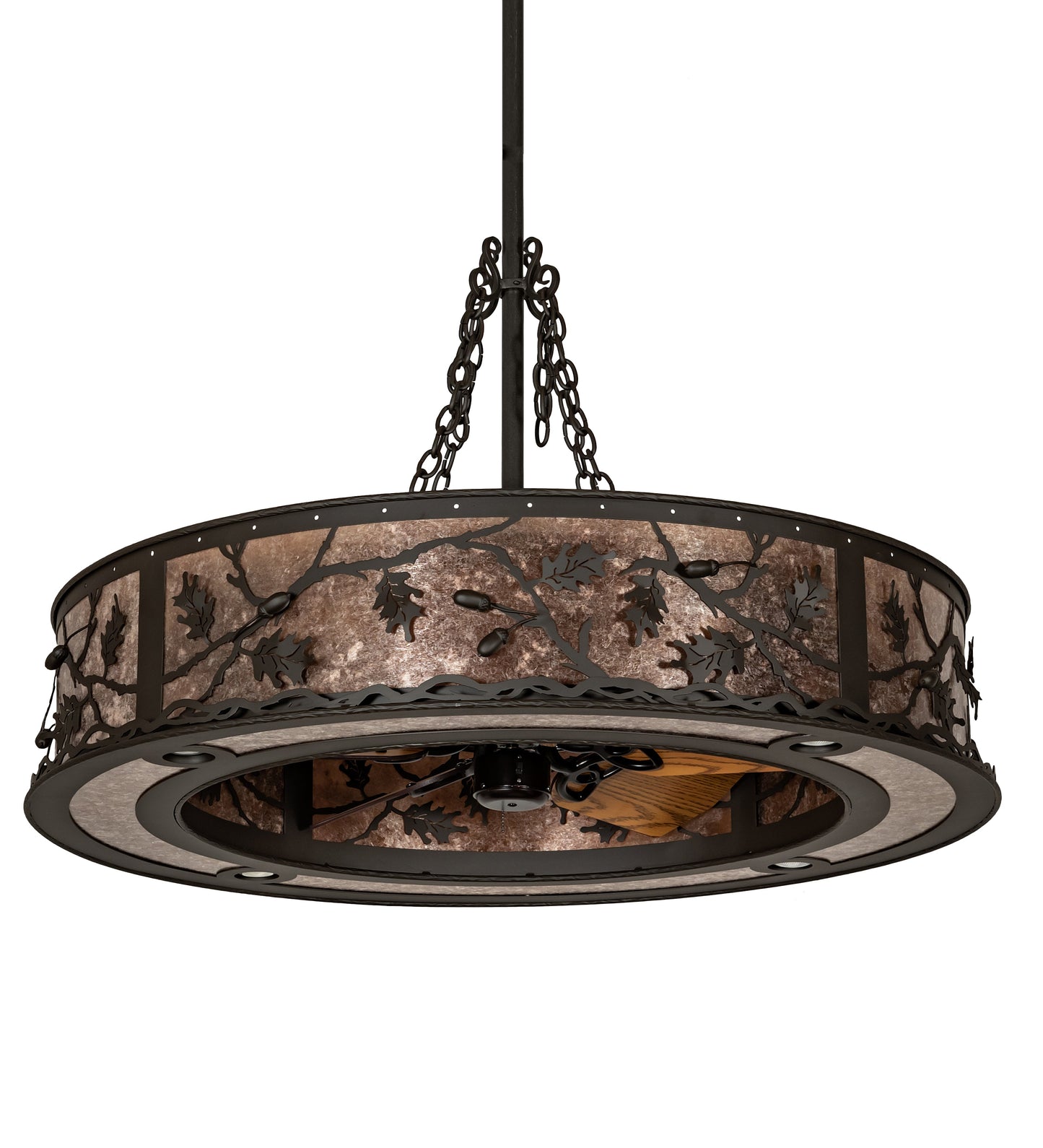 Meyda Lighting Oak Leaf & Acorn 45" 16-Light Oil Rubbed Bronze Chandelier With Silver Mica Shade Glass and Fan