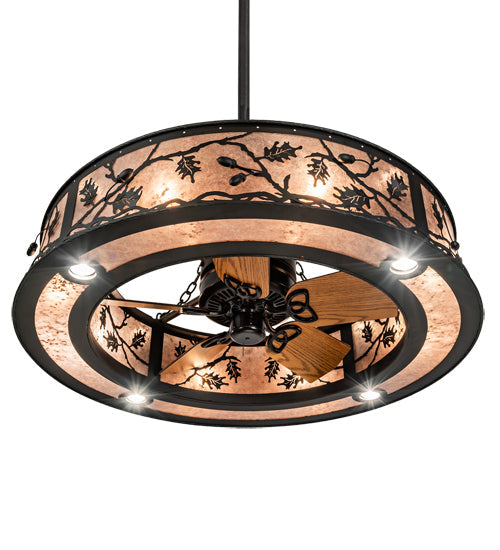 Meyda Lighting Oak Leaf & Acorn 45" 16-Light Oil Rubbed Bronze Chandelier With Silver Mica Shade Glass and Fan