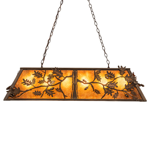 Meyda Lighting Oak Leaf & Acorn 48" 6-Light Antique Copper Island Pendant Light With Amber Mica Shade Glass