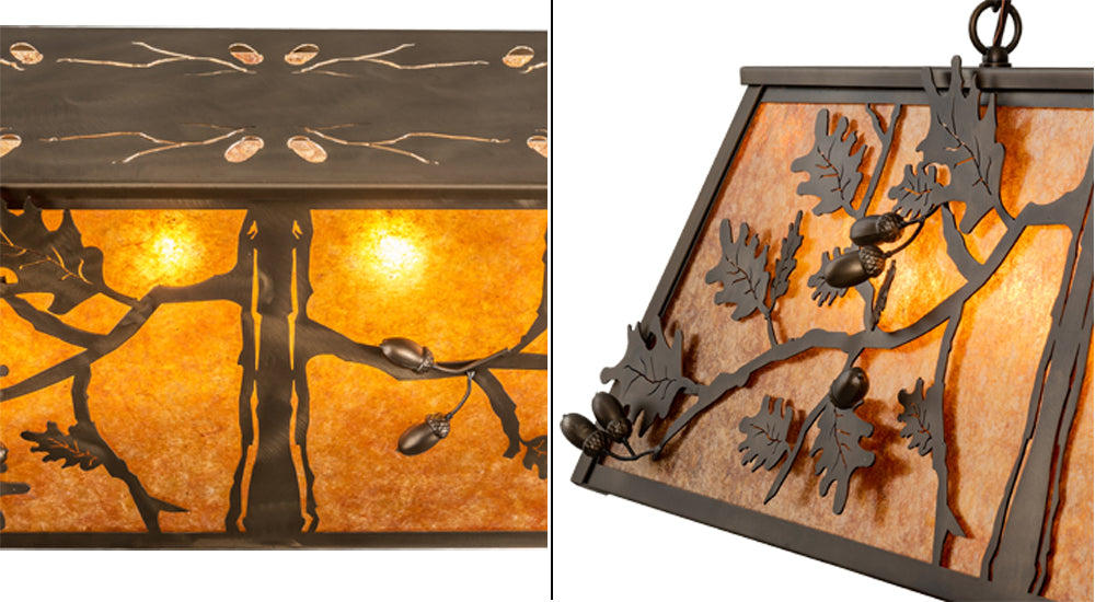 Meyda Lighting Oak Leaf & Acorn 48" 6-Light Antique Copper Island Pendant Light With Amber Mica Shade Glass