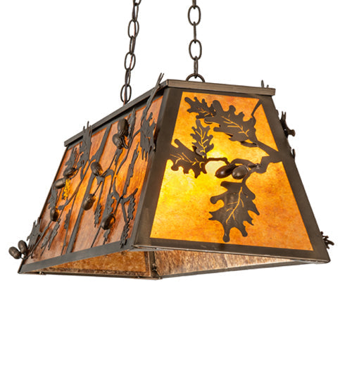 Meyda Lighting Oak Leaf & Acorn 48" 6-Light Antique Copper Island Pendant Light With Amber Mica Shade Glass