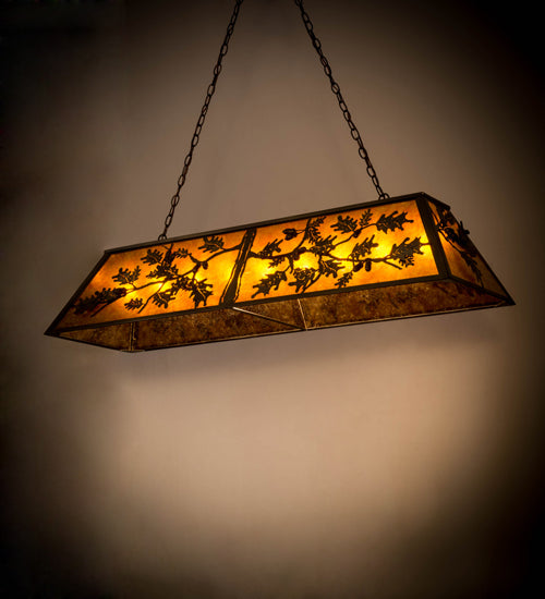 Meyda Lighting Oak Leaf & Acorn 50883 54" 9-Light Antique Copper Island Pendant Light With Amber Mica Shade Glass