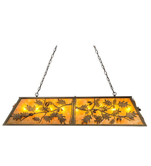 Meyda Lighting Oak Leaf & Acorn 50883 54" 9-Light Antique Copper Island Pendant Light With Amber Mica Shade Glass