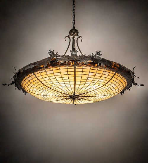 Meyda Lighting Oak Leaf & Acorn 52" 6-Light Golden Bronze Inverted Pendant Light With Bark Brown Art & Beige Art Shade Glass