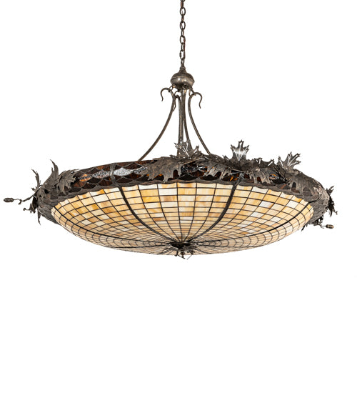 Meyda Lighting Oak Leaf & Acorn 52" 6-Light Golden Bronze Inverted Pendant Light With Bark Brown Art & Beige Art Shade Glass