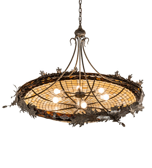 Meyda Lighting Oak Leaf & Acorn 52" 6-Light Golden Bronze Inverted Pendant Light With Bark Brown Art & Beige Art Shade Glass