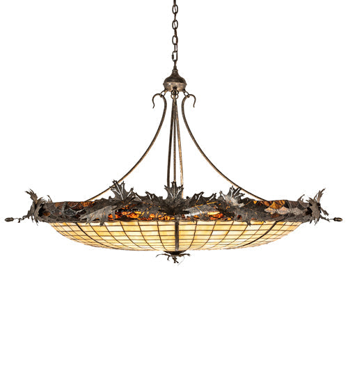 Meyda Lighting Oak Leaf & Acorn 52" 6-Light Golden Bronze Inverted Pendant Light With Bark Brown Art & Beige Art Shade Glass