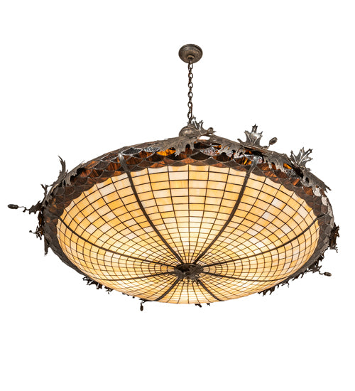Meyda Lighting Oak Leaf & Acorn 52" 6-Light Golden Bronze Inverted Pendant Light With Bark Brown Art & Beige Art Shade Glass