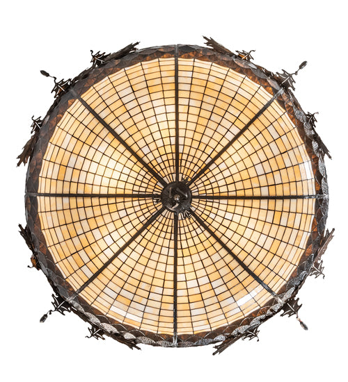 Meyda Lighting Oak Leaf & Acorn 52" 6-Light Golden Bronze Inverted Pendant Light With Bark Brown Art & Beige Art Shade Glass