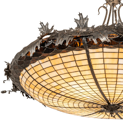 Meyda Lighting Oak Leaf & Acorn 52" 6-Light Golden Bronze Inverted Pendant Light With Bark Brown Art & Beige Art Shade Glass