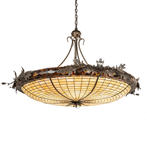 Meyda Lighting Oak Leaf & Acorn 52" 6-Light Golden Bronze Inverted Pendant Light With Bark Brown Art & Beige Art Shade Glass