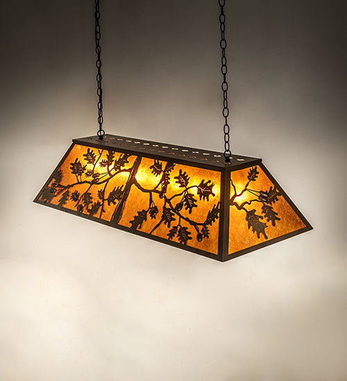Meyda Lighting Oak Leaf & Acorn 54" 9-Light Antique Copper Island Pendant Light With Amber Mica Shade Glass