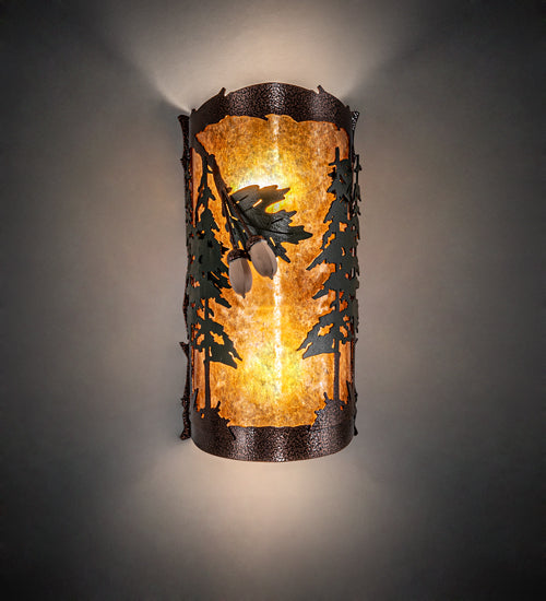 Meyda Lighting Oak Leaf & Acorn 6" 2-Light New Copper Vein & Green Trees Wall Sconce With Amber Mica Shade Glass