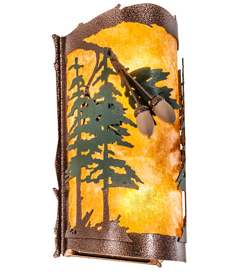 Meyda Lighting Oak Leaf & Acorn 6" 2-Light New Copper Vein & Green Trees Wall Sconce With Amber Mica Shade Glass
