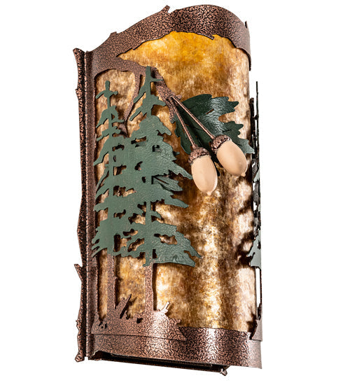 Meyda Lighting Oak Leaf & Acorn 6" 2-Light New Copper Vein & Green Trees Wall Sconce With Amber Mica Shade Glass