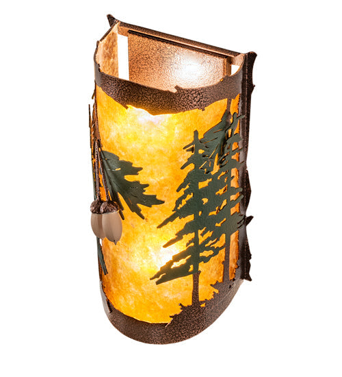 Meyda Lighting Oak Leaf & Acorn 6" 2-Light New Copper Vein & Green Trees Wall Sconce With Amber Mica Shade Glass