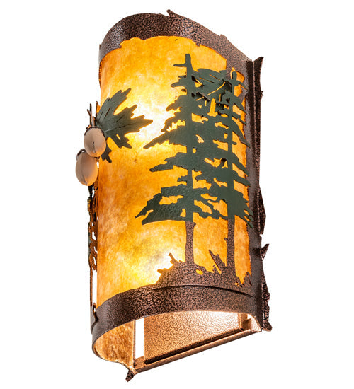 Meyda Lighting Oak Leaf & Acorn 6" 2-Light New Copper Vein & Green Trees Wall Sconce With Amber Mica Shade Glass