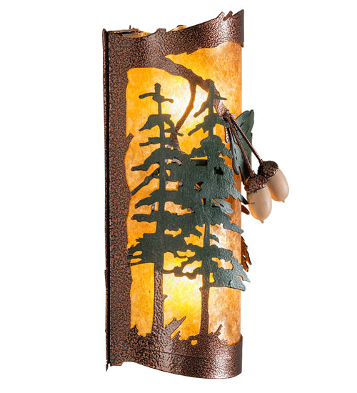 Meyda Lighting Oak Leaf & Acorn 6" 2-Light New Copper Vein & Green Trees Wall Sconce With Amber Mica Shade Glass