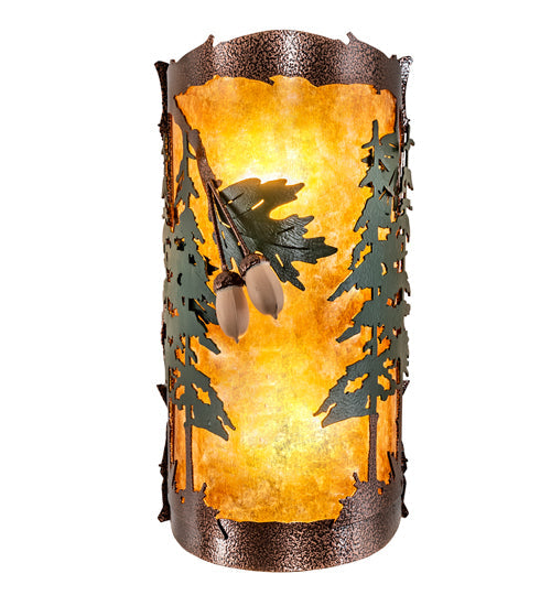 Meyda Lighting Oak Leaf & Acorn 6" 2-Light New Copper Vein & Green Trees Wall Sconce With Amber Mica Shade Glass