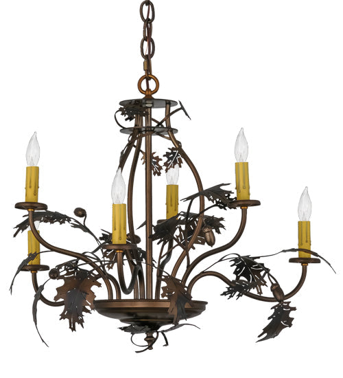 Meyda Lighting Oak Leaf & Acorn 81244 28" 6-Light Dark Burnished Antique Copper Chandelier With Ivory Faux Candlelight