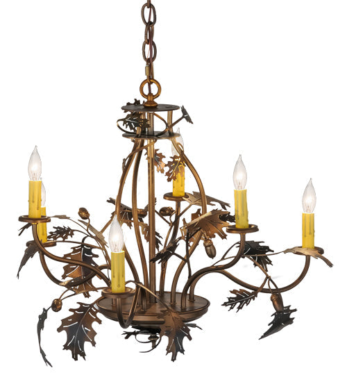 Meyda Lighting Oak Leaf & Acorn 81244 28" 6-Light Dark Burnished Antique Copper Chandelier With Ivory Faux Candlelight