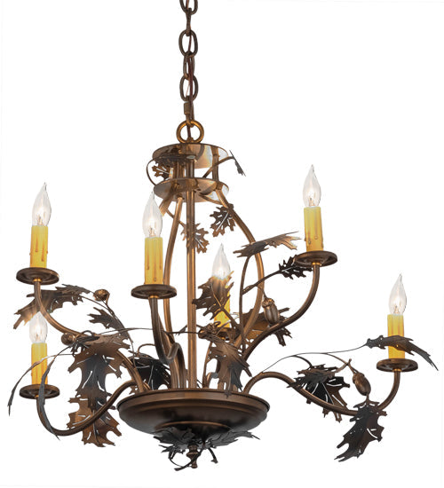 Meyda Lighting Oak Leaf & Acorn 81244 28" 6-Light Dark Burnished Antique Copper Chandelier With Ivory Faux Candlelight