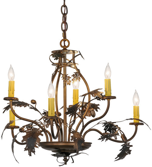 Meyda Lighting Oak Leaf & Acorn 81244 28" 6-Light Dark Burnished Antique Copper Chandelier With Ivory Faux Candlelight
